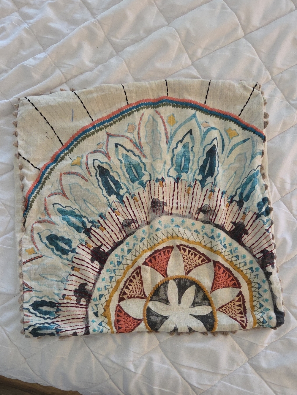 Boho Sunburst Printed Scarf in Cream, Teal & Rust